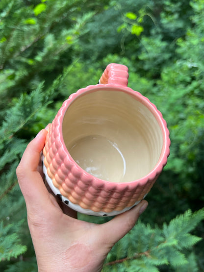 1 Donation WONKY Ludo Mug with Big Dimple Top in Peach Pink Fade and Black and White Splotch