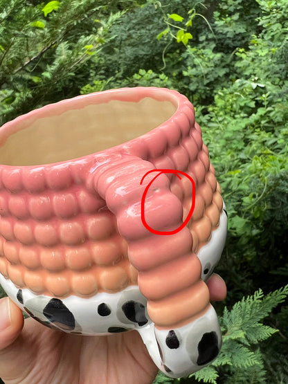 1 Donation WONKY Ludo Mug with Big Dimple Top in Peach Pink Fade and Black and White Splotch