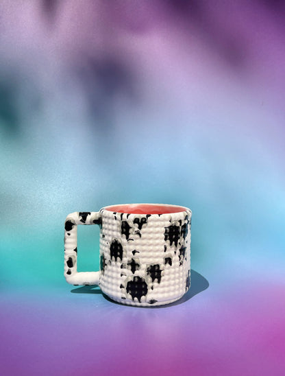 14oz Gozarian Mug with Little Dimple Texture in White and Black Splotch and Red Pink