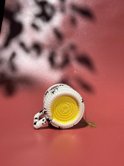 14oz Gozarian Mug with Little Dimple Texture in White and Black Splotch and Yellow