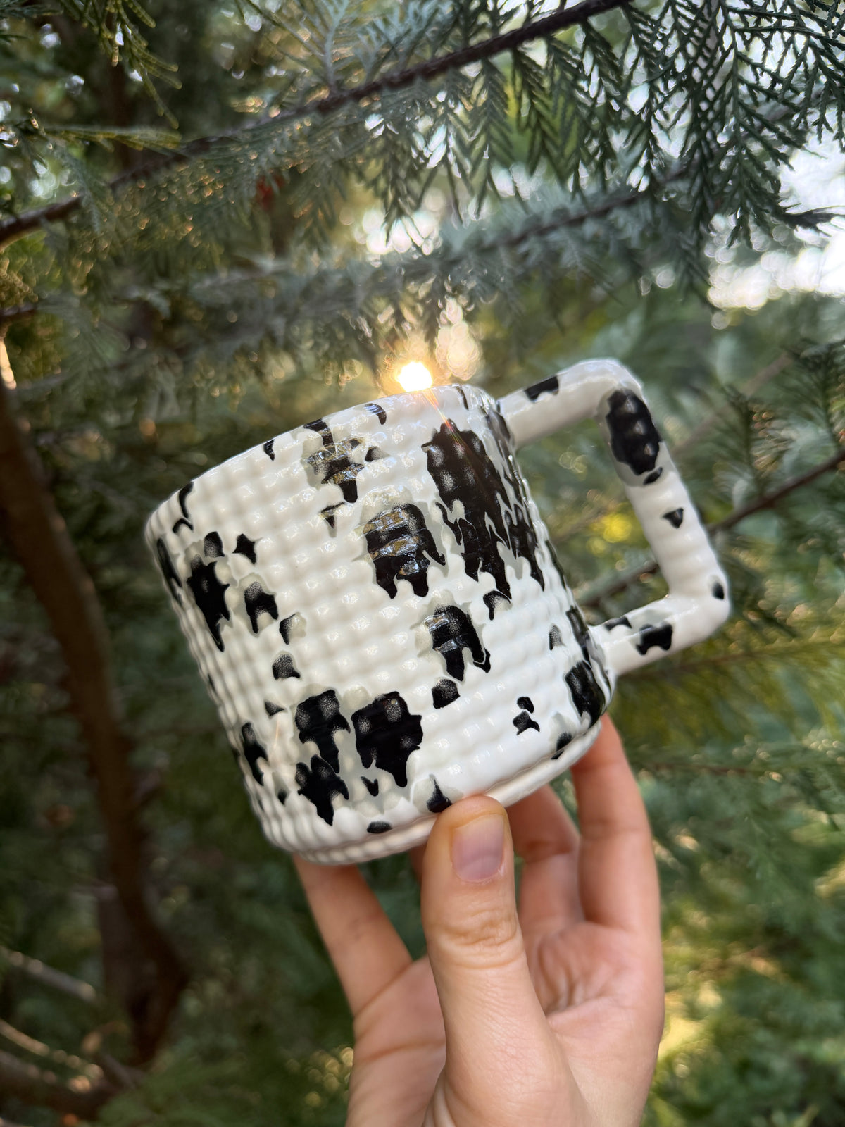 1 DONATION 14oz Gozarian Mug with Little Dimple Texture in White and Black Splotch and Mint Green