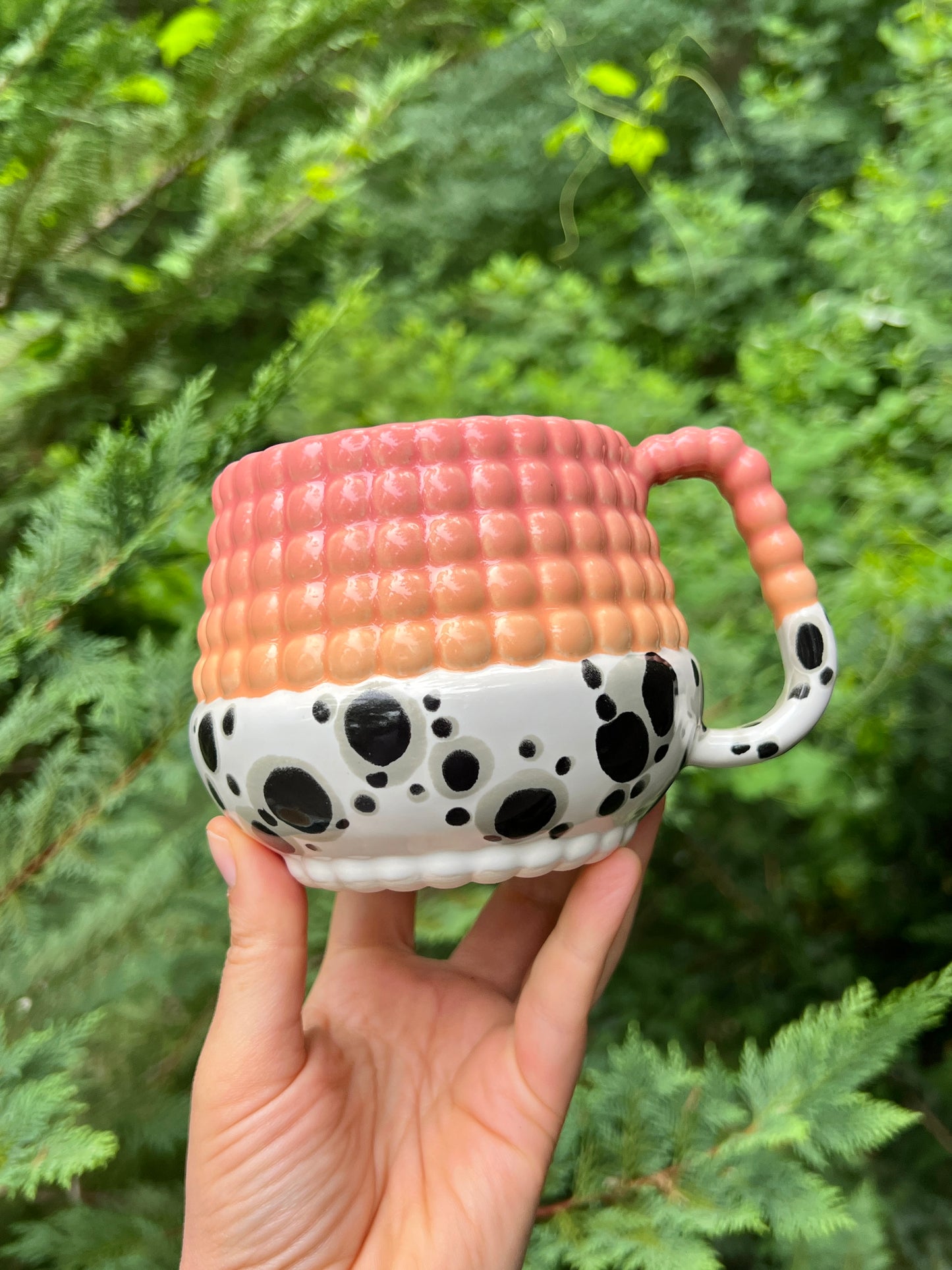 1 Donation WONKY Ludo Mug with Big Dimple Top in Peach Pink Fade and Black and White Splotch