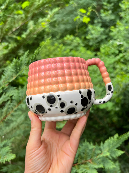 1 Donation WONKY Ludo Mug with Big Dimple Top in Peach Pink Fade and Black and White Splotch