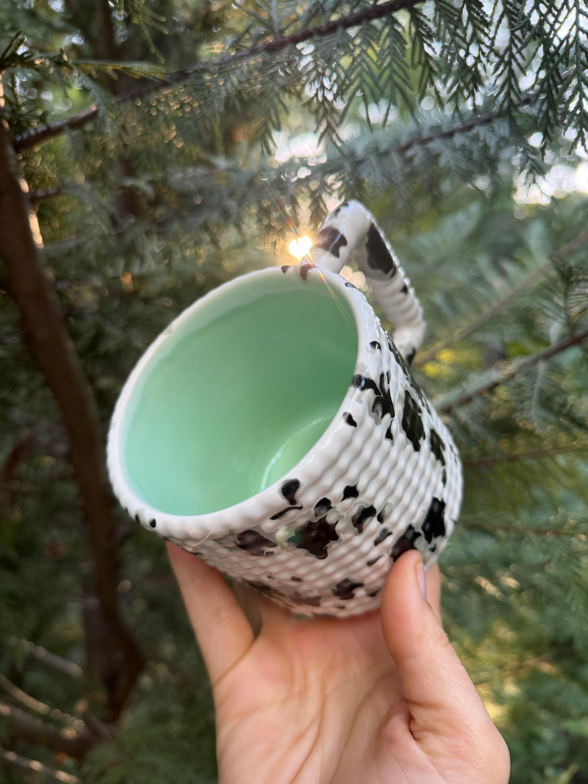 1 DONATION 14oz Gozarian Mug with Little Dimple Texture in White and Black Splotch and Mint Green