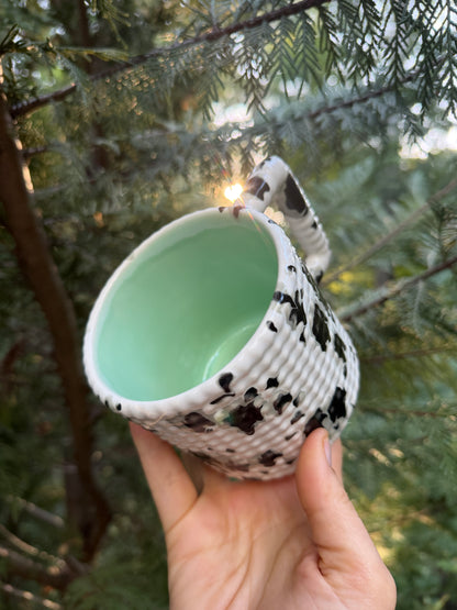 1 DONATION 14oz Gozarian Mug with Little Dimple Texture in White and Black Splotch and Mint Green