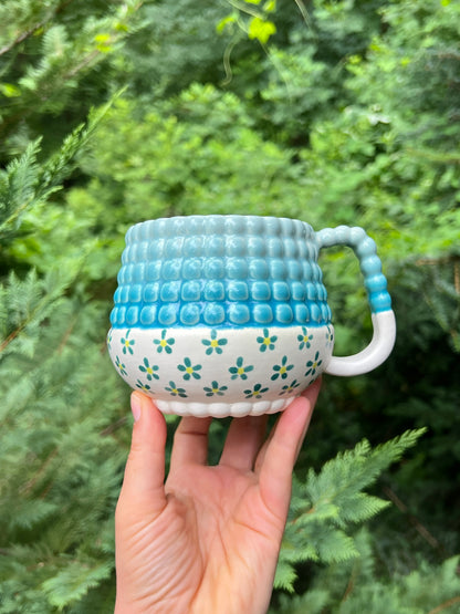 1 Donation WONKY Ludo Mug with Big Dimple Top in Aqua Flower