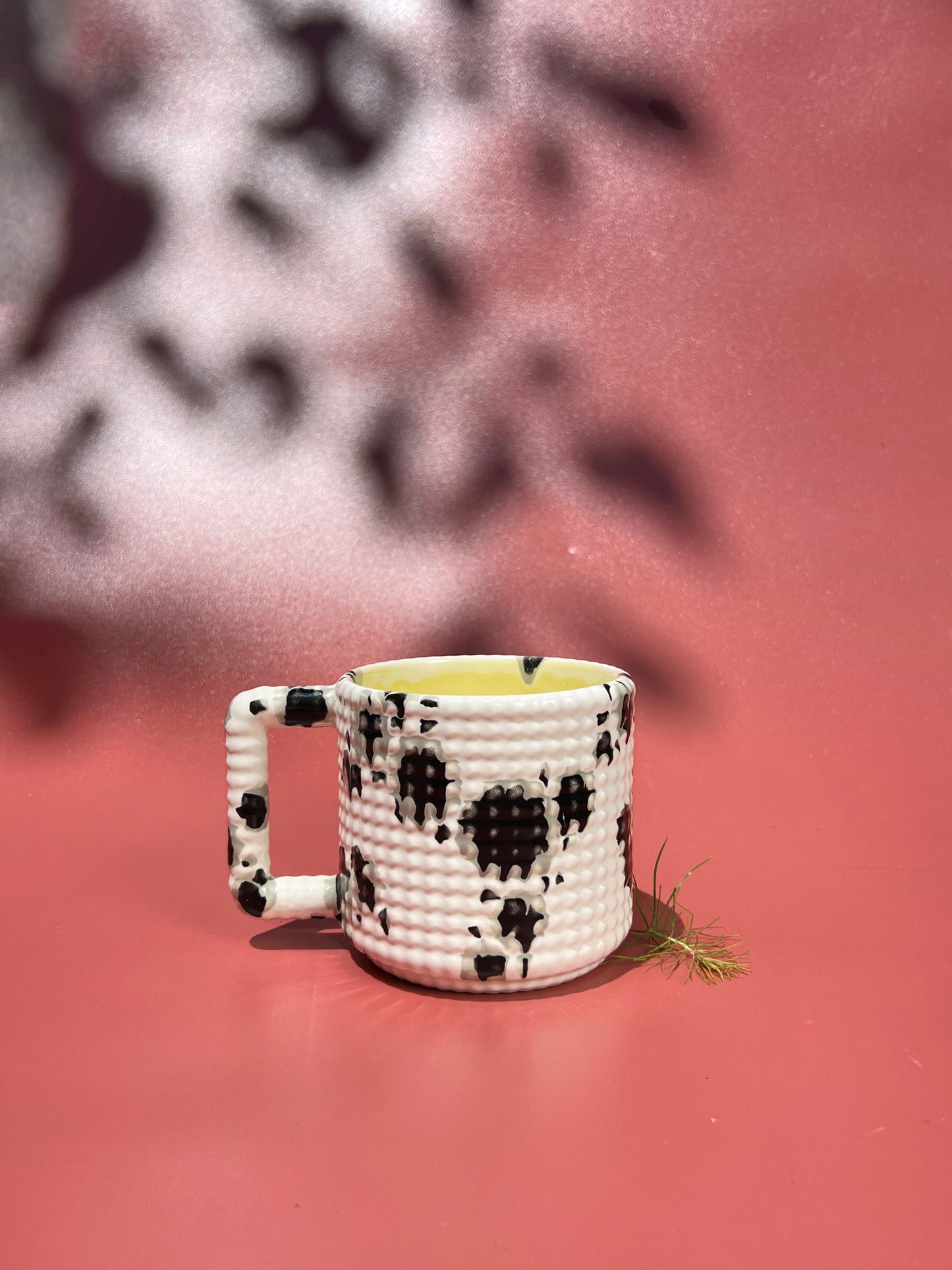 14oz Gozarian Mug with Little Dimple Texture in White and Black Splotch and Yellow