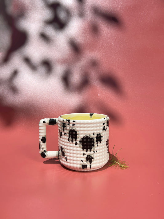 14oz Gozarian Mug with Little Dimple Texture in White and Black Splotch and Yellow