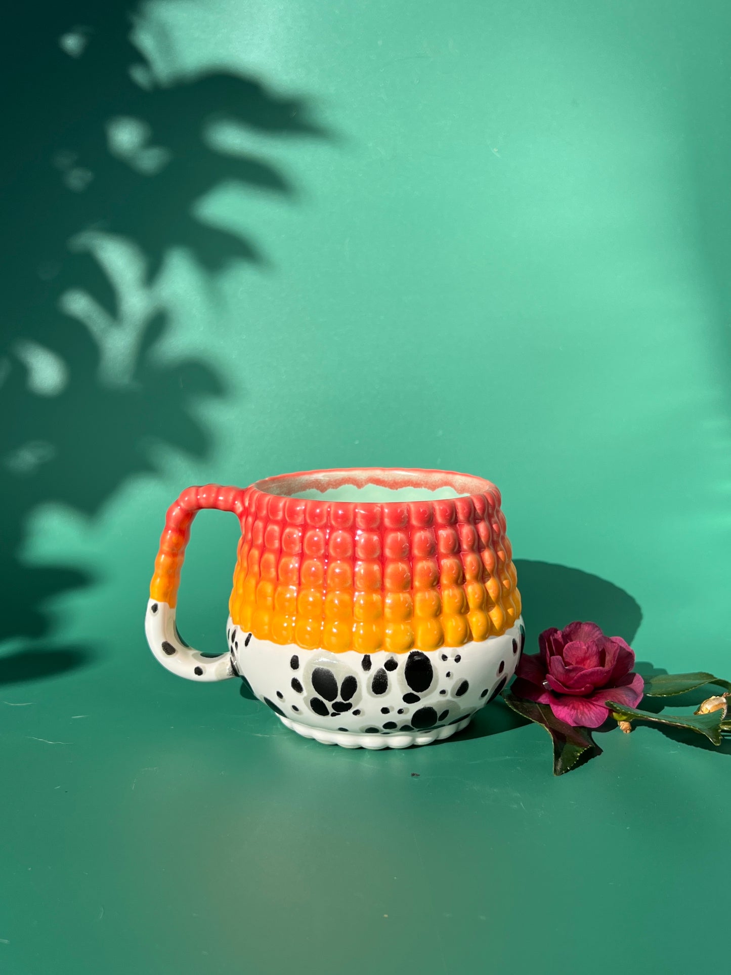 PREORDER Ludo Mug with Big Dimple Top in Fruit Punch Fade Black and White Splotch