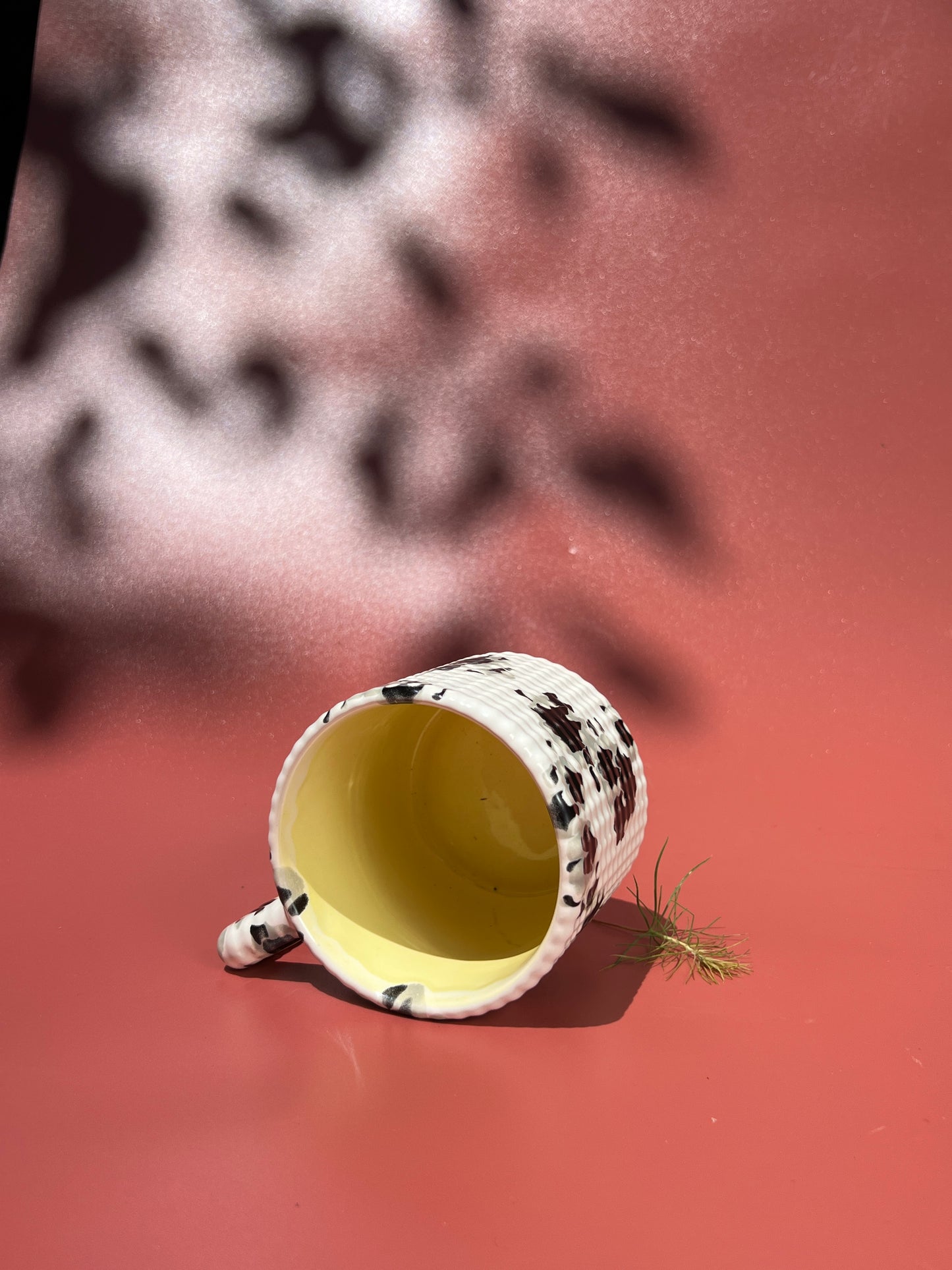 14oz Gozarian Mug with Little Dimple Texture in White and Black Splotch and Yellow