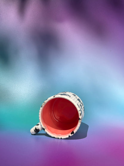 14oz Gozarian Mug with Little Dimple Texture in White and Black Splotch and Red Pink