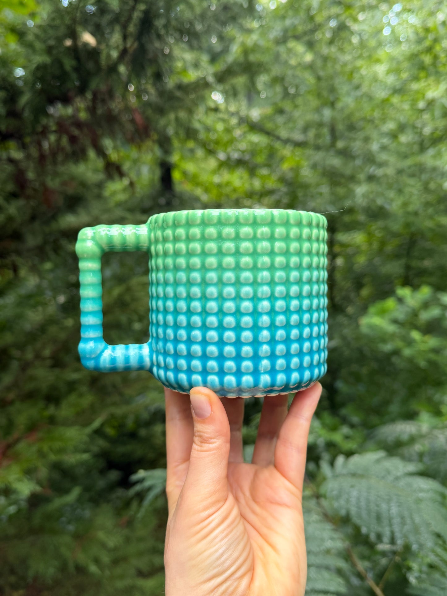 1 donation 14oz Gozarian Mug with Big Dimple Texture in Deep Green Aqua Fade