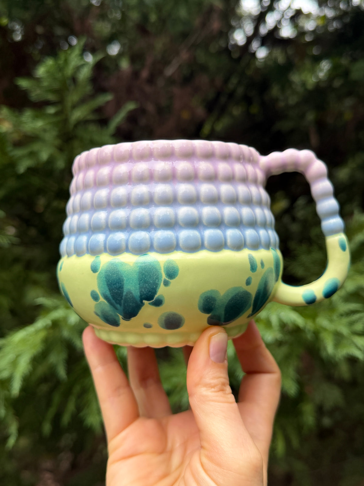 1 WONKY 16oz Ludo Mug with Big Dimple Top in Aqua Splotch And Purple Fade