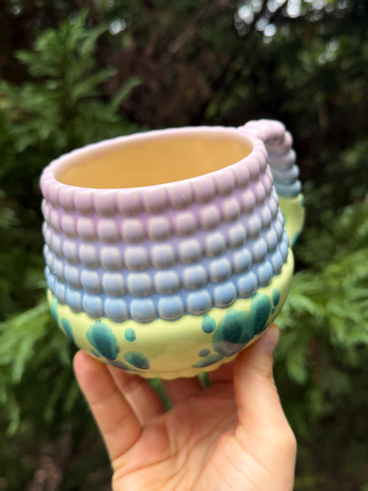 1 WONKY 16oz Ludo Mug with Big Dimple Top in Aqua Splotch And Purple Fade