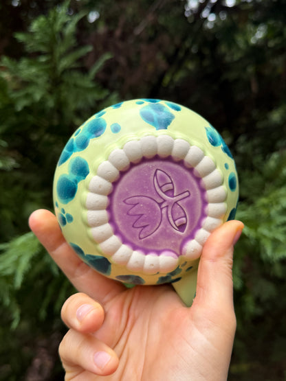 1 WONKY 16oz Ludo Mug with Big Dimple Top in Aqua Splotch And Purple Fade