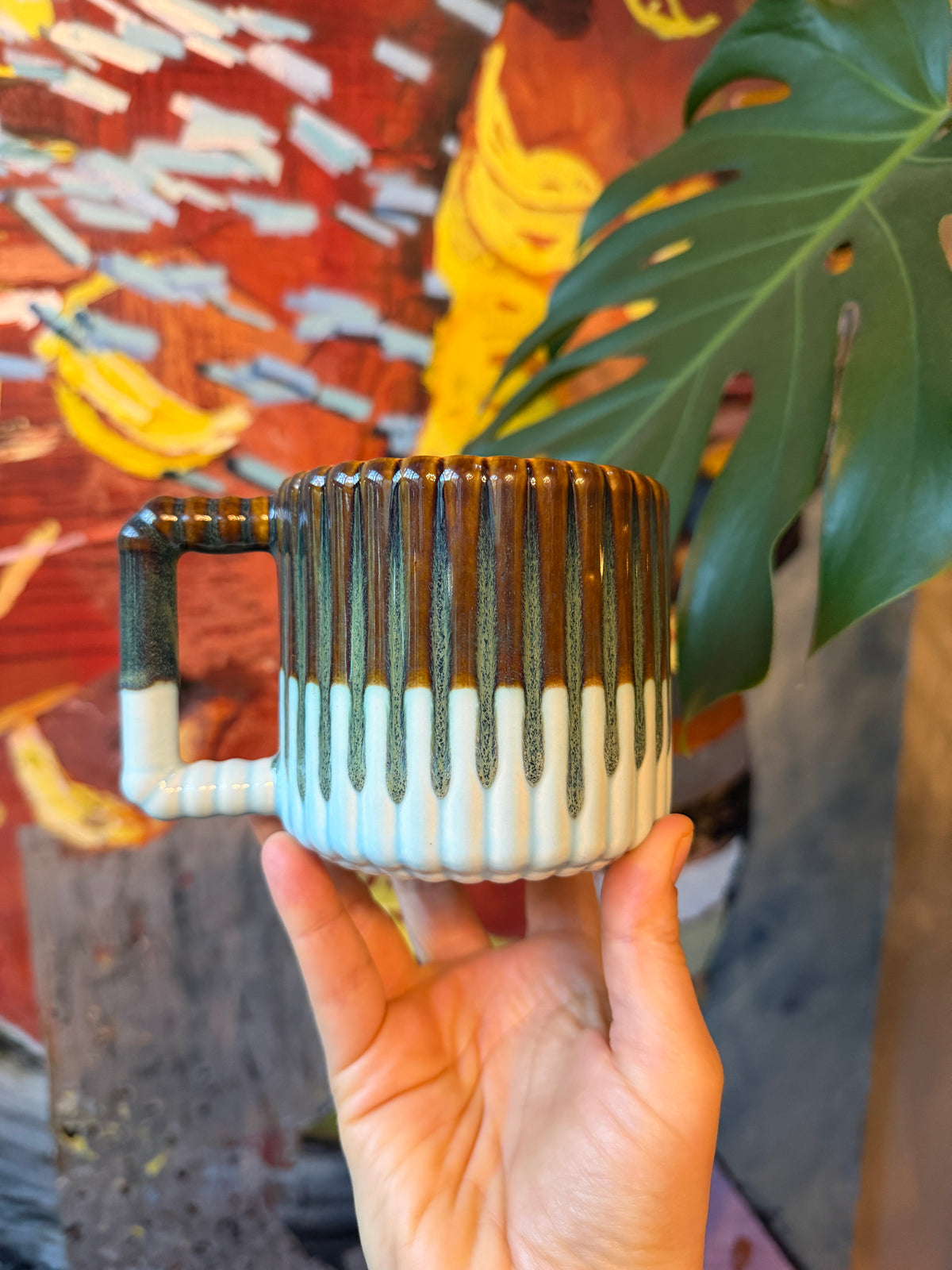 1 WONKY 14oz Gozarian Mug with Vertical Texture in Iron and Aqua