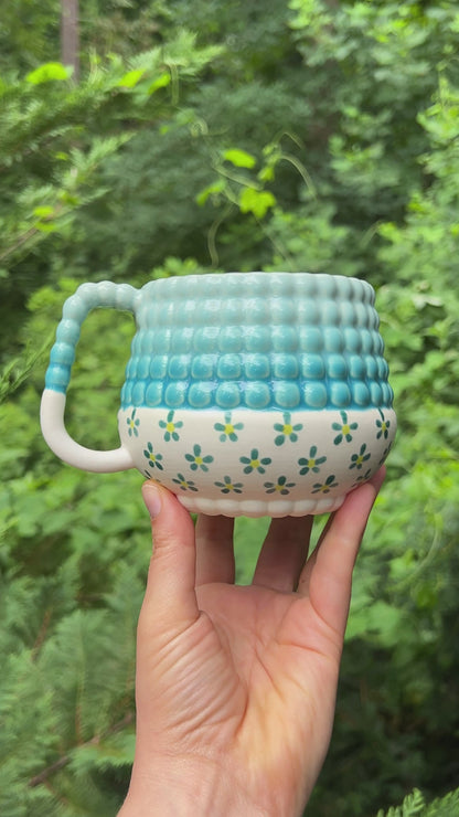 1 Donation WONKY Ludo Mug with Big Dimple Top in Aqua Flower