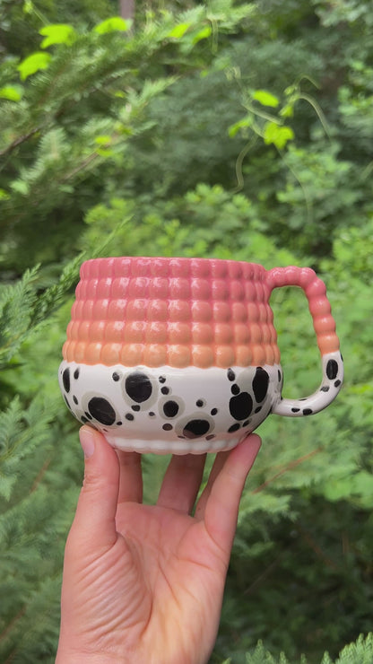 1 Donation WONKY Ludo Mug with Big Dimple Top in Peach Pink Fade and Black and White Splotch